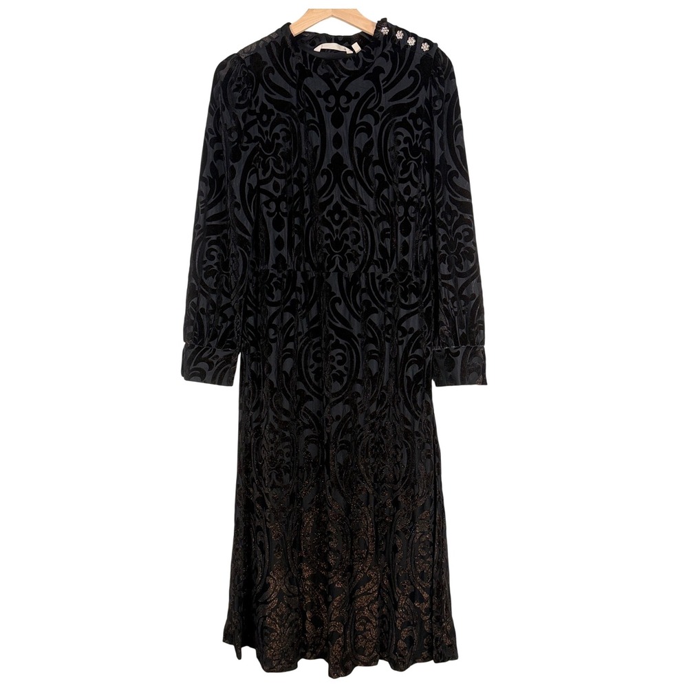 Soft Surroundings Hadley Black  Burnout Velvet Midi Dress Metallic 12‎  witchy - Picture 2 of 10
